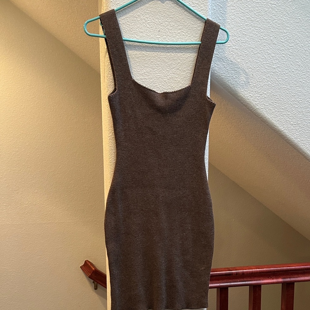 MIOU MUSE Ribbed Knit Mini Dress Brown Fitted Square Neck